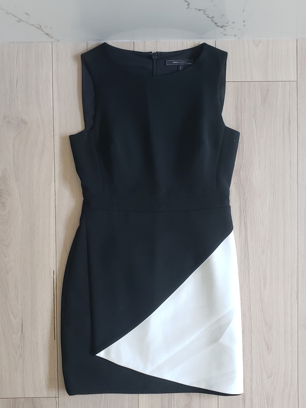 BCBGMaxAzria Black and White Asymmetric‎ Sleeveless Mini Dress
